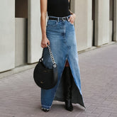 work outfits women 2024 Autumn Commuter Retro Distressed Frayed Blue Denim Skirt Slimming Loose Cotton A- line Skirt Long Skirt